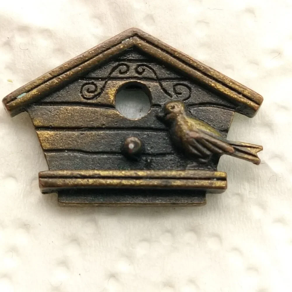 Brooch Vintage JJ Jonette Jewelry Birdhouse Bird Pin Brass Tone